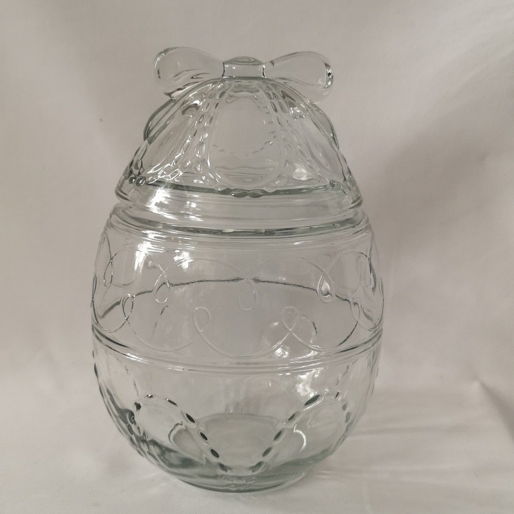 Vintage Anchor Hocking Clear Glass Decorative Easter Egg Cookie Jar